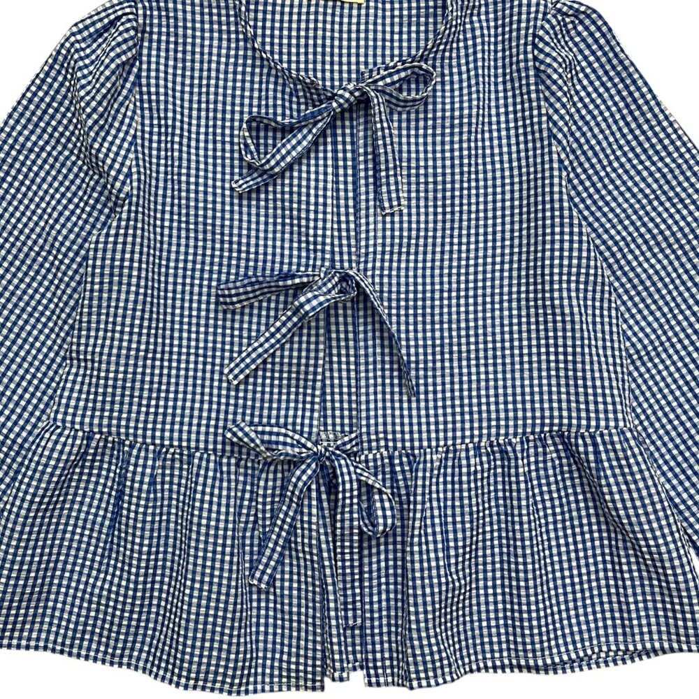Gingham Tie Front Puff Sleeve Blouse Blue Size Small Cottagecore European Summer - Picture 5 of 10